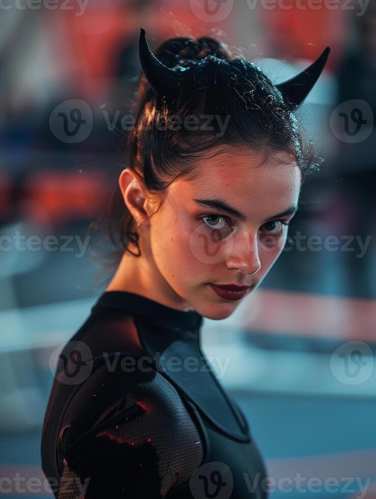 Mysterious woman with horns in dark outfit photo