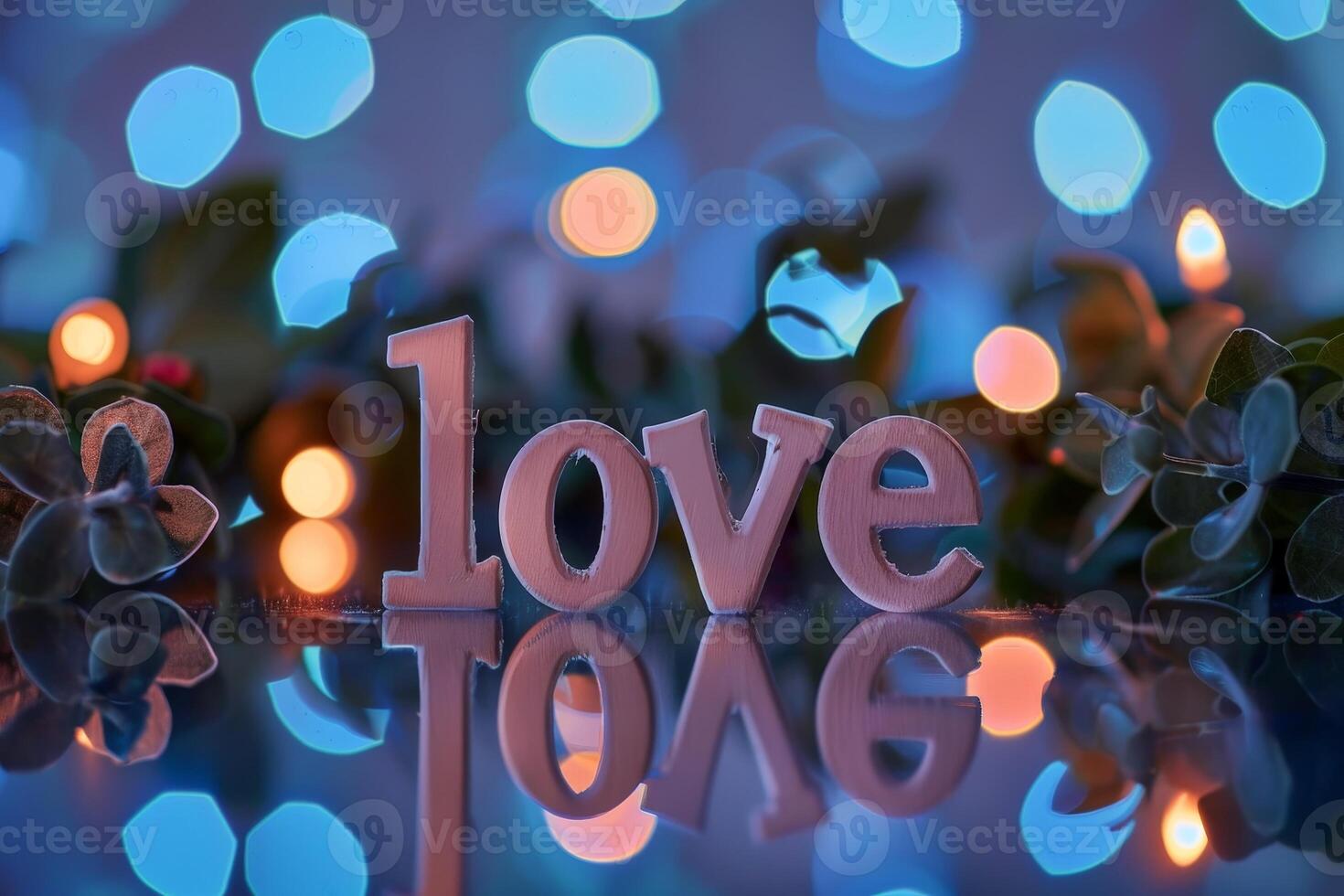 Glowing love message with bokeh lights photo