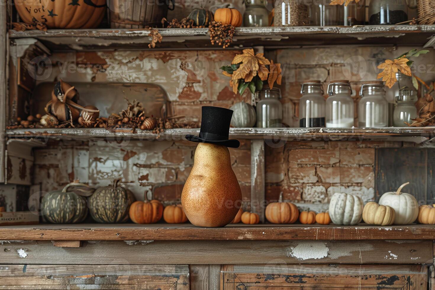 Autumn decor on rustic shelves photo