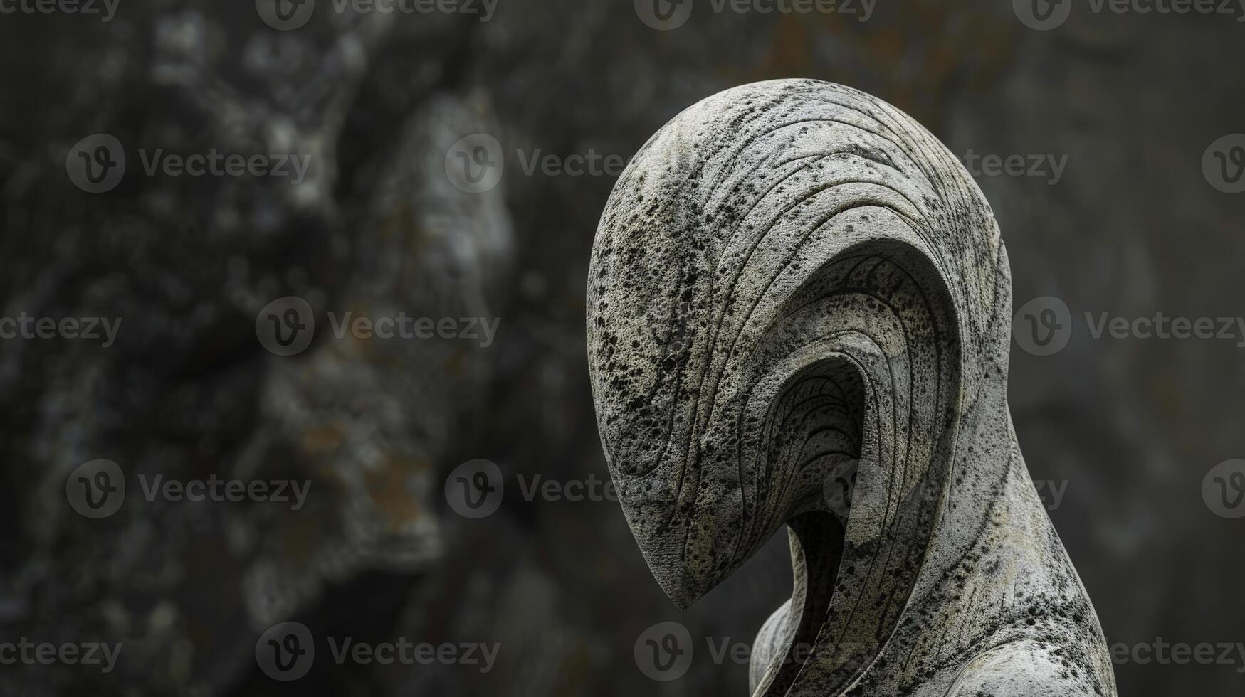 Weathered stone sculpture in a dark environment photo