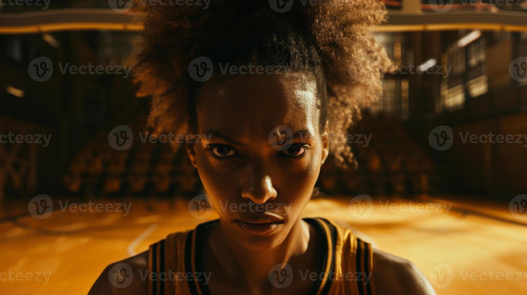 intense expression of a young woman with curly hair photo