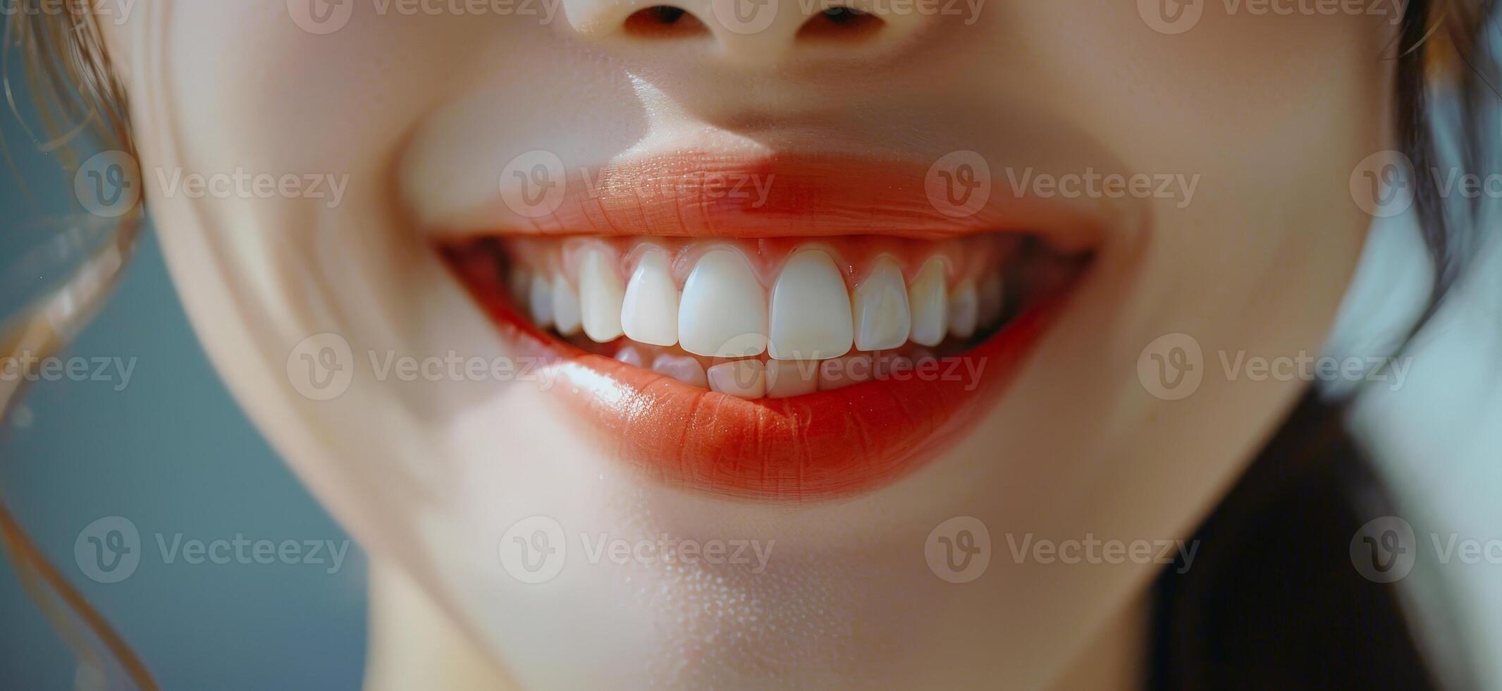 close up of a womans smiling face with bright red lips photo