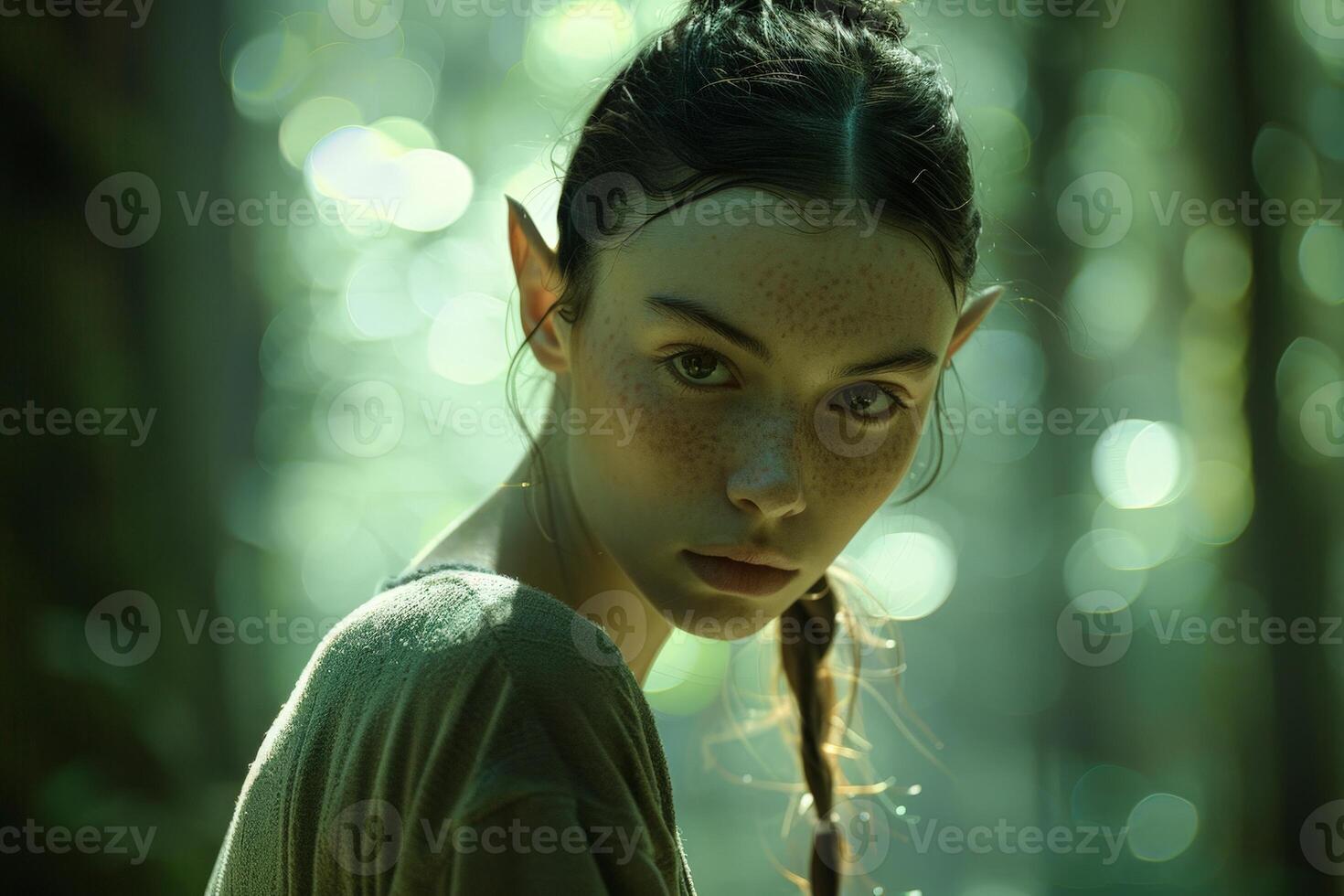 pensive young woman with freckles in green forest photo