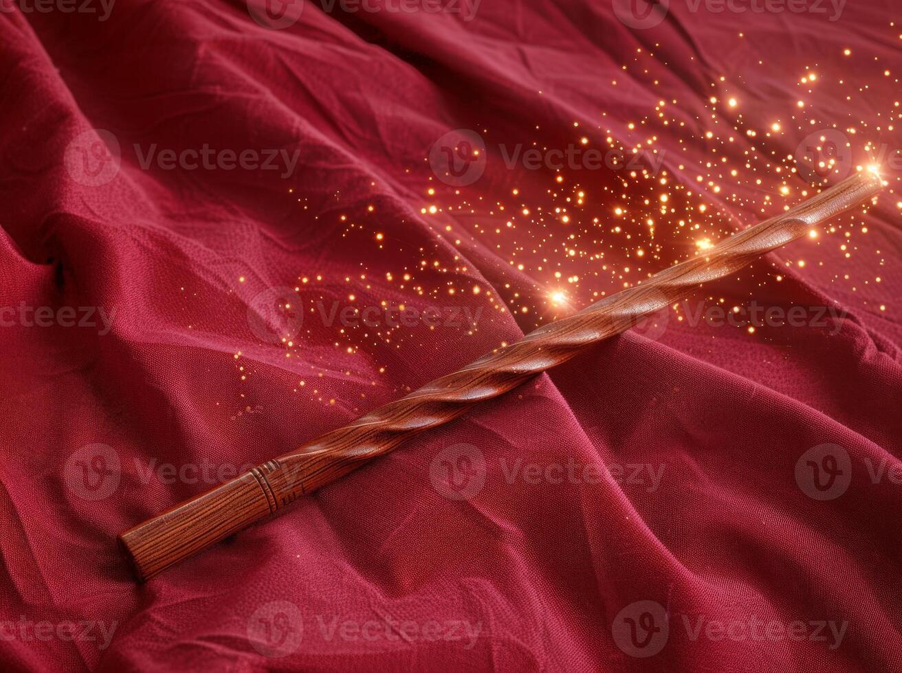 Magical wand with sparkling lights on red fabric photo
