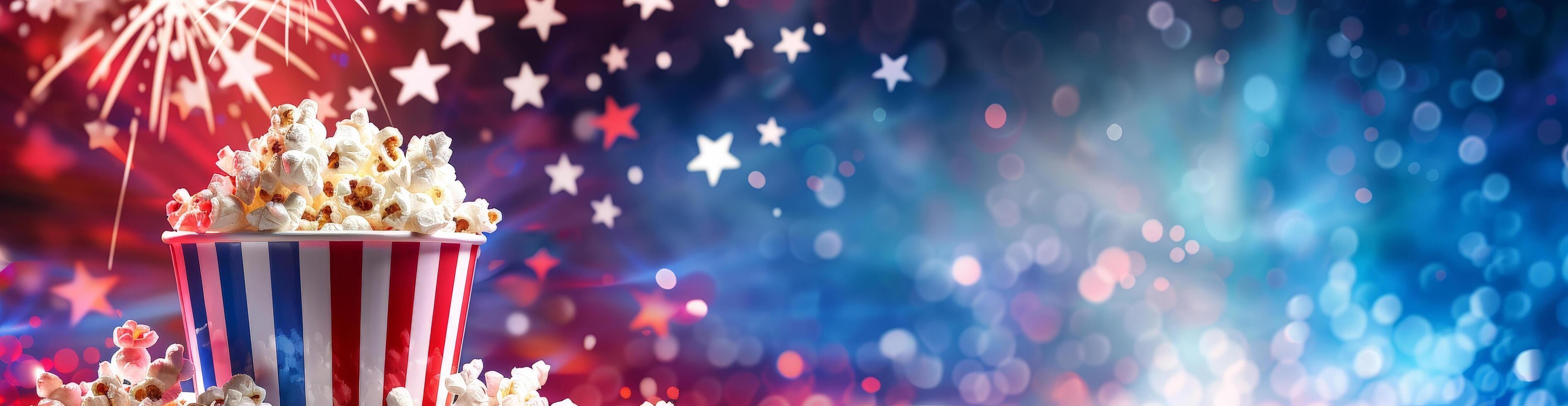 Festive 4th of july celebration with fireworks and popcorn photo