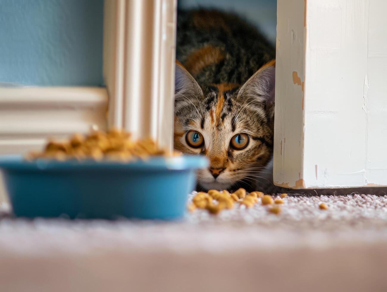 curious cat peeking out from behind furniture photo