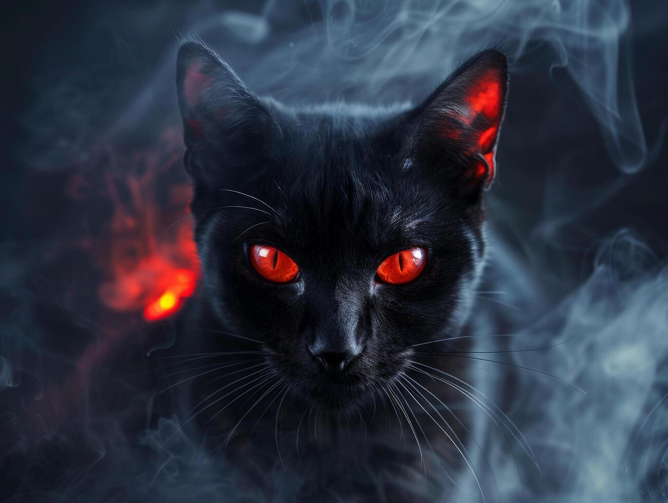 Sinister black cat with glowing red eyes in smoky atmosphere photo