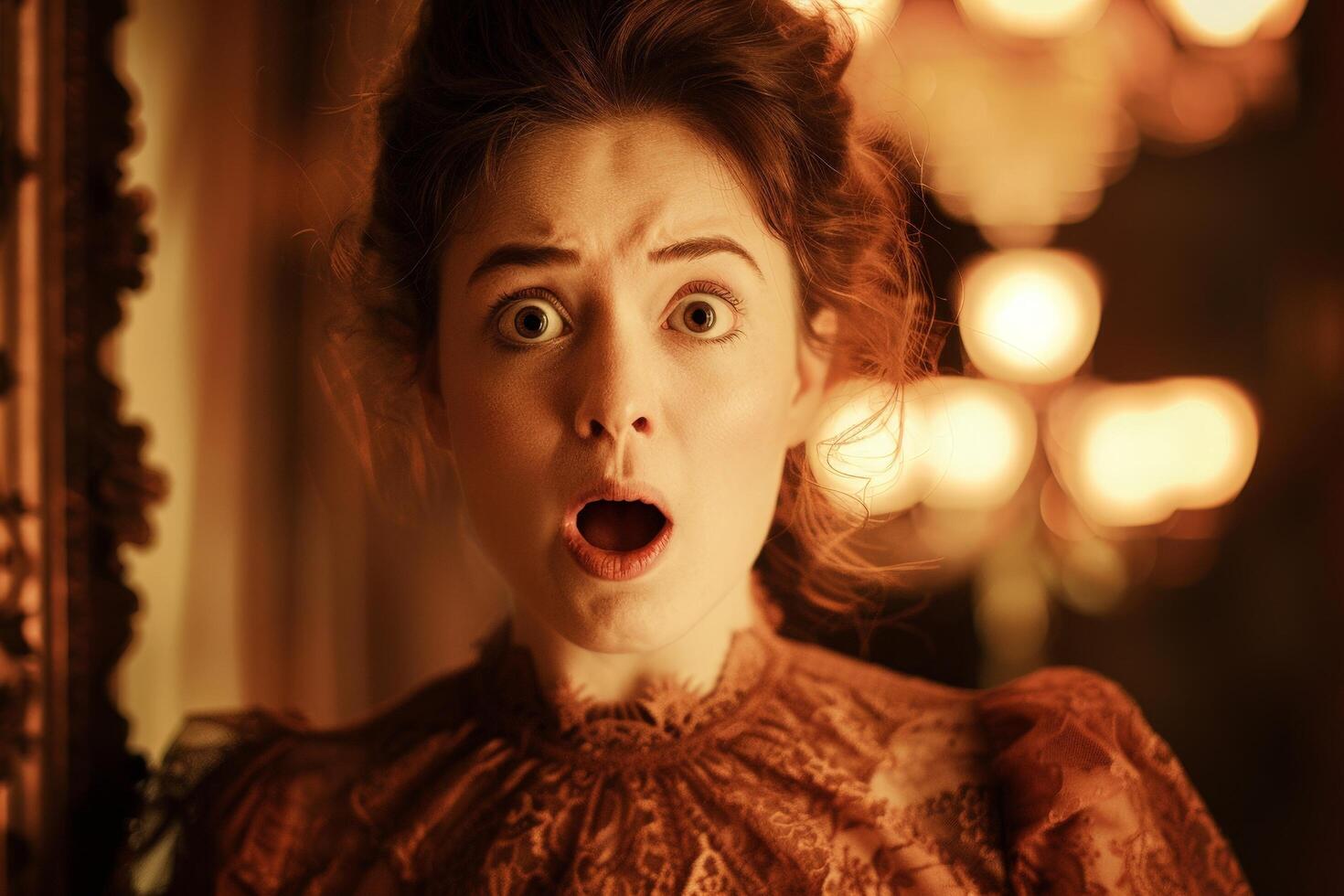 Surprised woman with wide eyes and open mouth photo