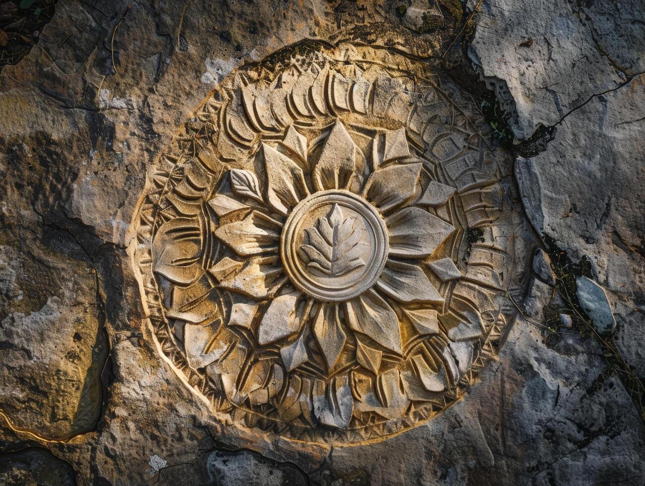 Intricate carved stone relief with floral design photo