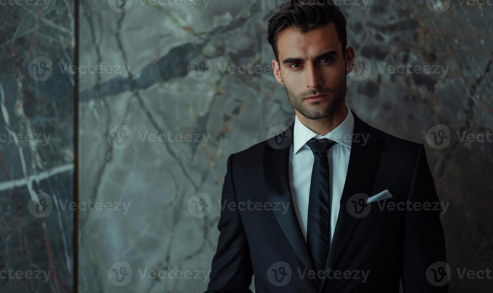 Serious businessman in formal suit standing against marble wall photo