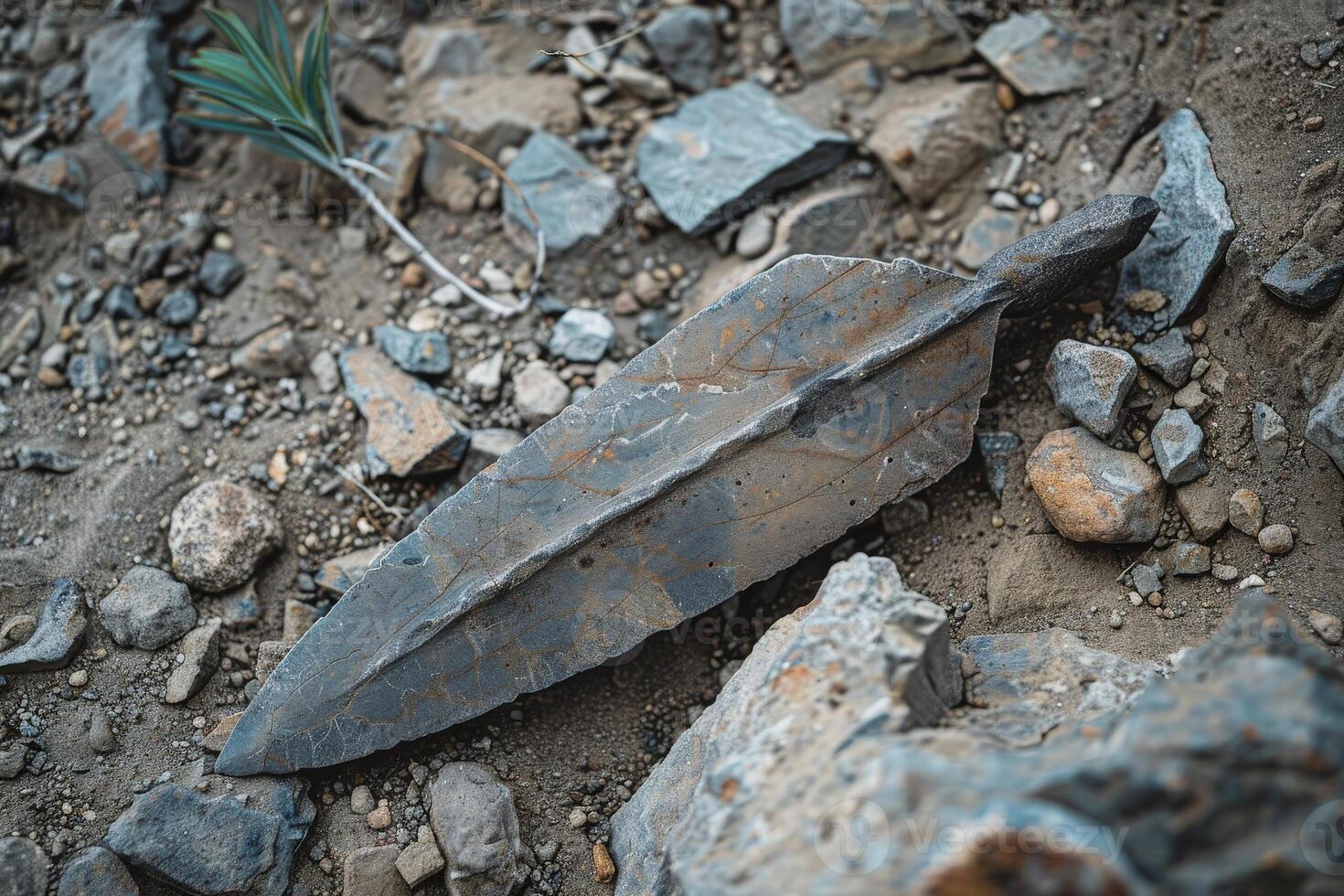 ancient stone tool artifact found in dirt photo