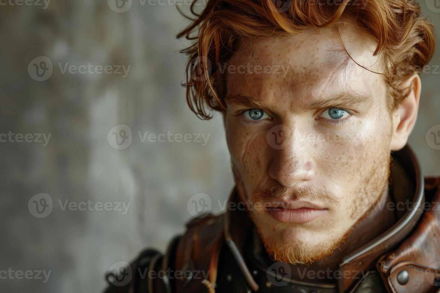 Intense gaze of a rugged man with fiery red hair and freckles photo