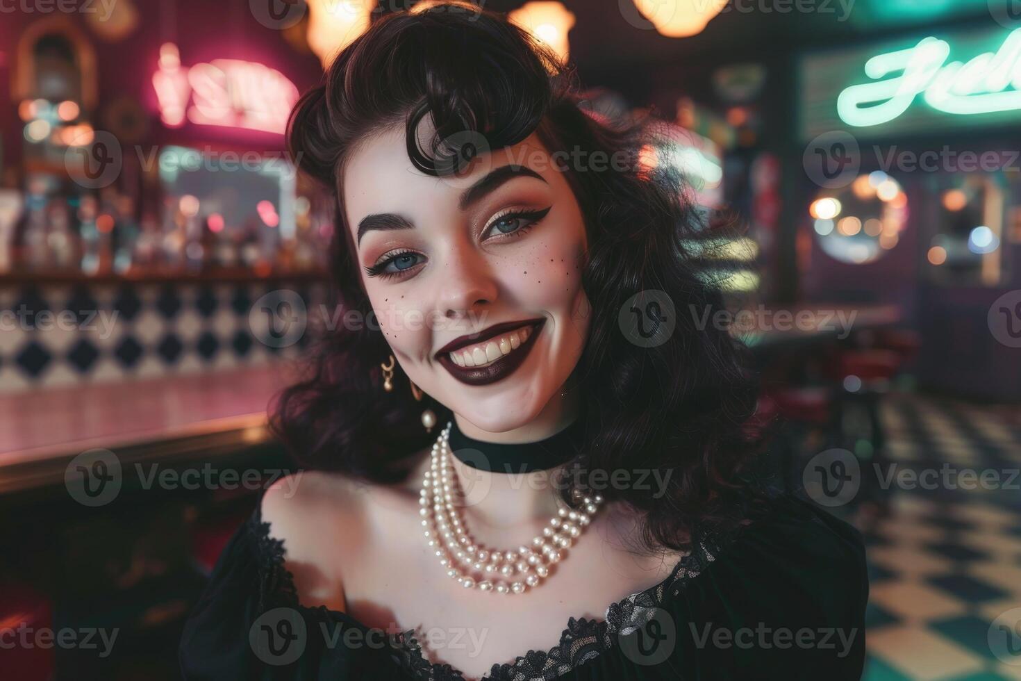 Smiling woman with retro hairstyle and makeup photo