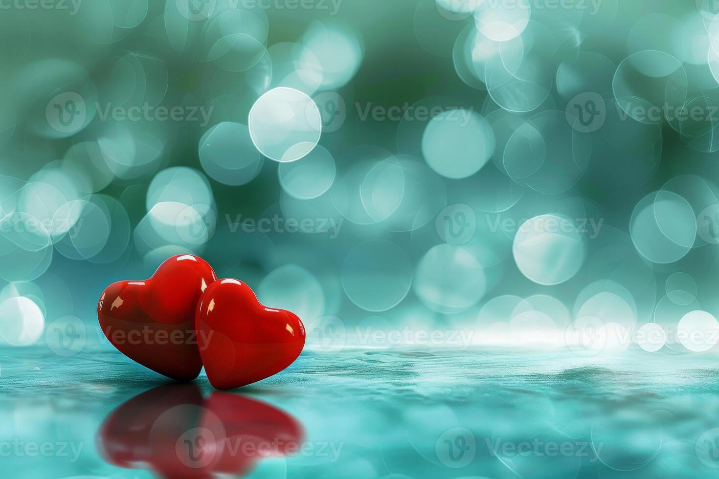 Romantic red hearts on a blurred turquoise background photo