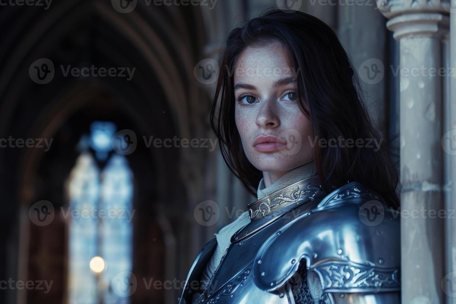 Warrior woman in medieval armor photo
