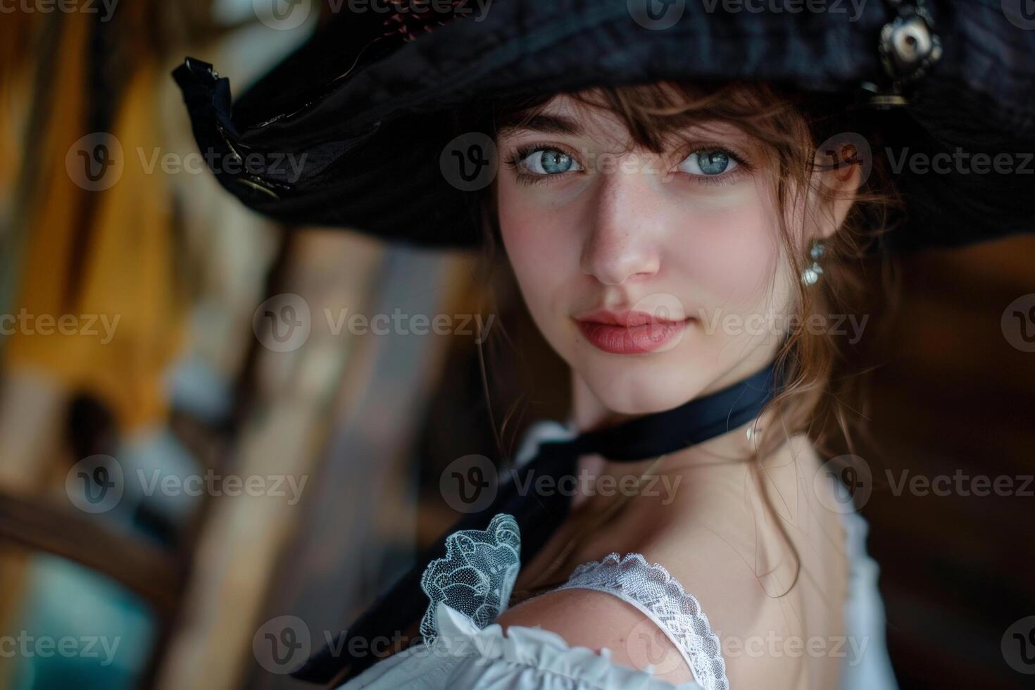 young woman in vintage costume with blue eyes photo