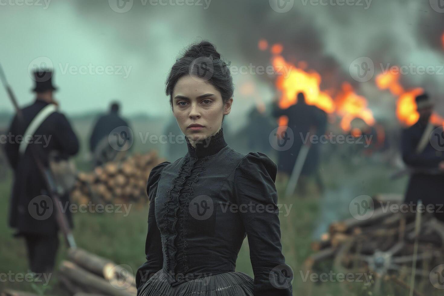 woman in historical dress standing in front of burning buildings photo