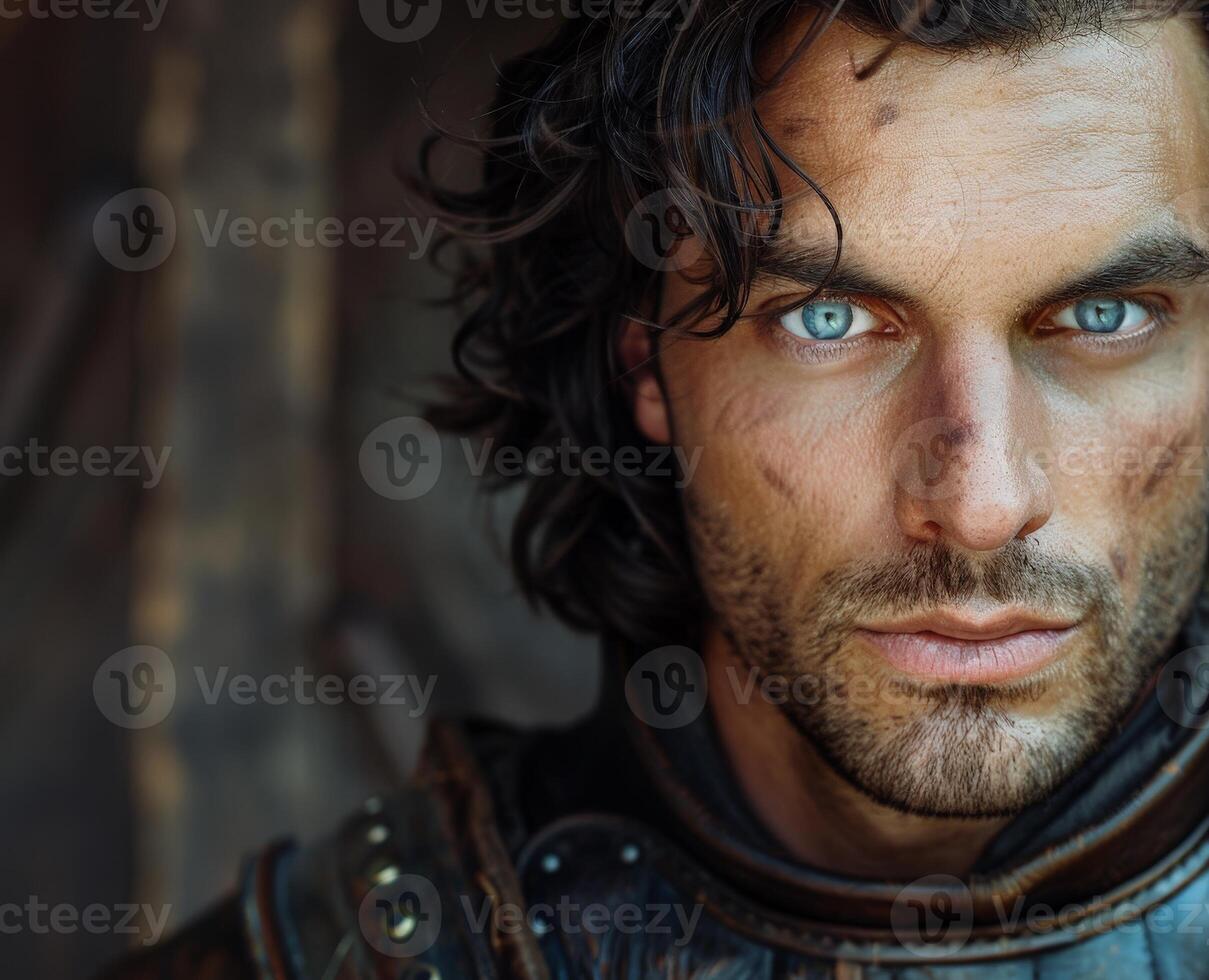 Intense gaze of a rugged man with dark curly hair photo