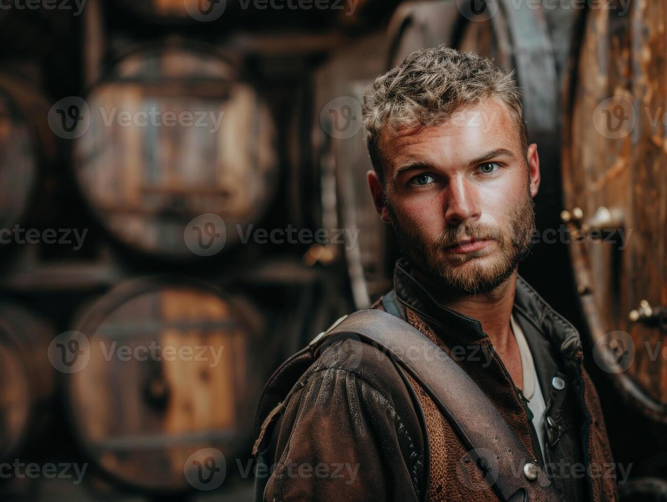 Rugged man with beard in rustic setting photo