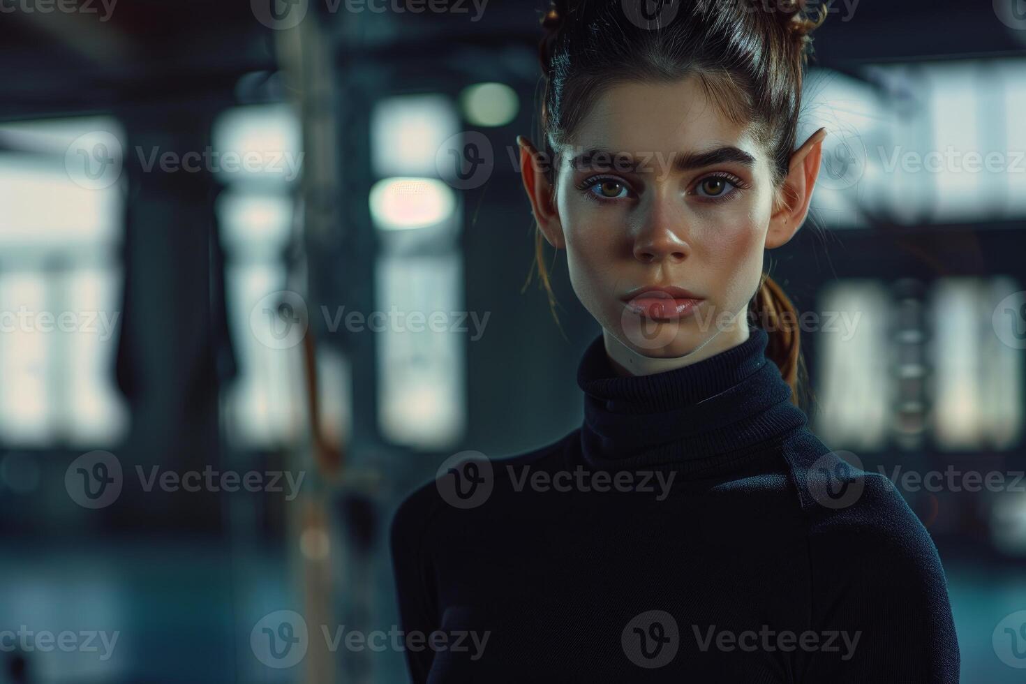 Mysterious woman with dark hair and piercing eyes photo