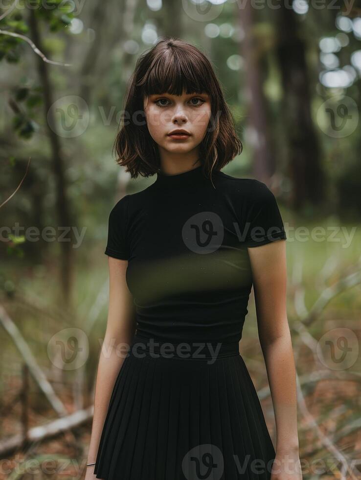 young woman in black dress standing in forest photo