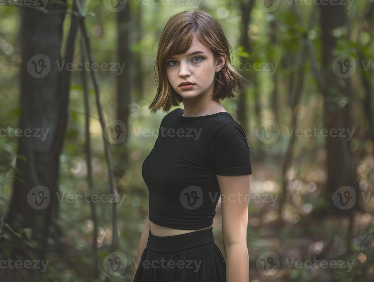 young woman in black outfit standing in forest photo