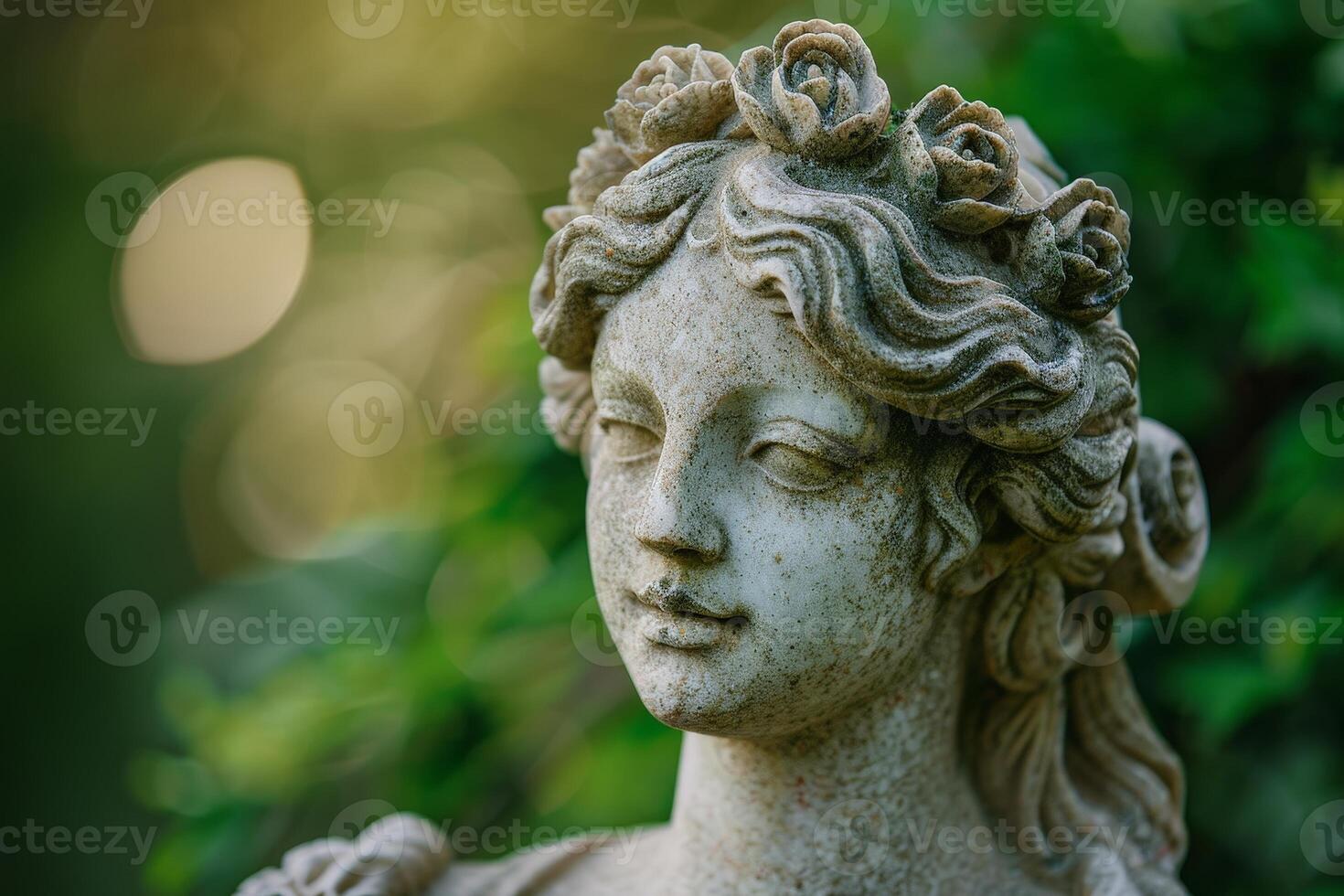 Serene stone statue with floral crown in lush garden photo