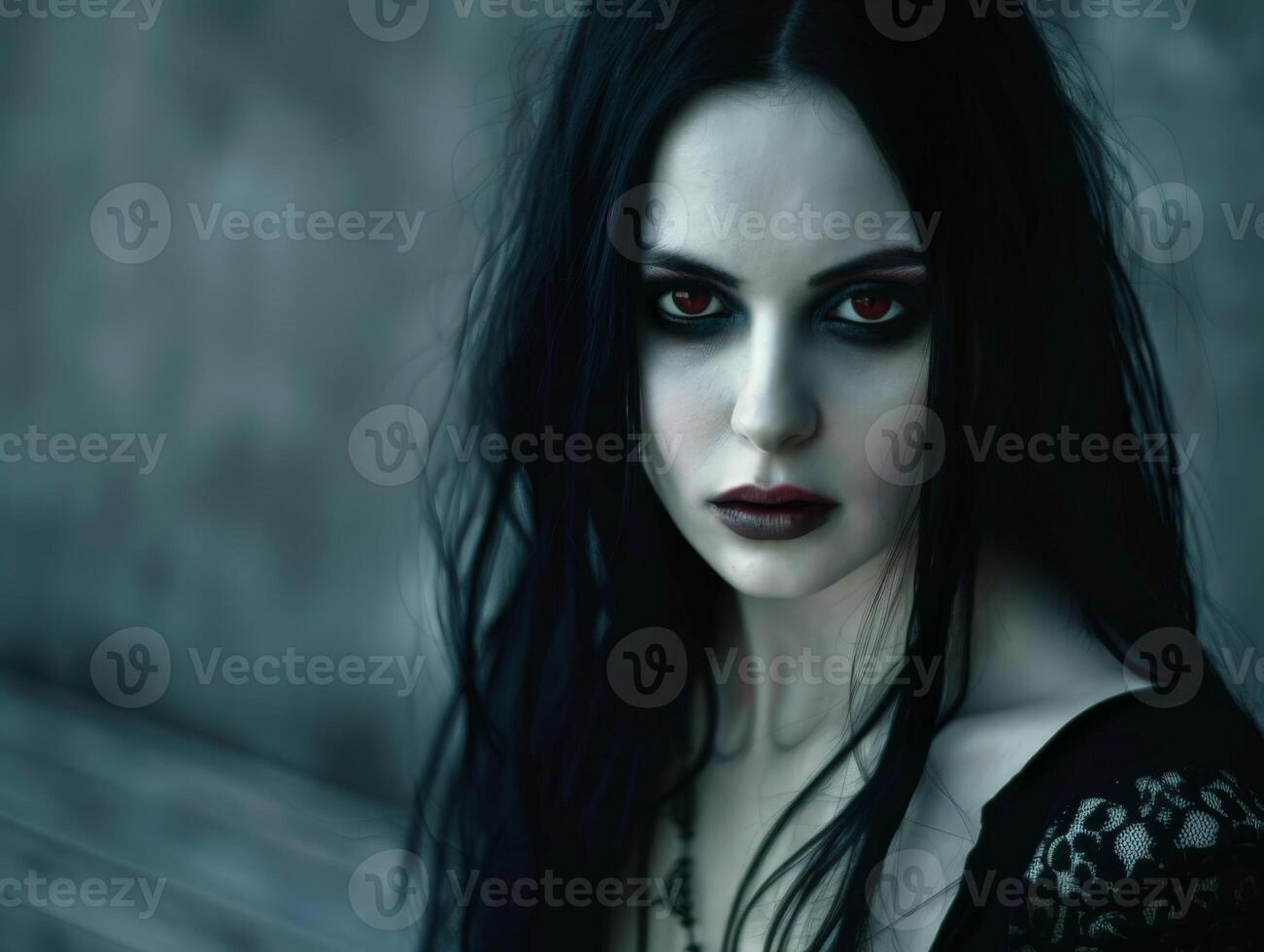 mysterious dark haired woman with intense gaze photo