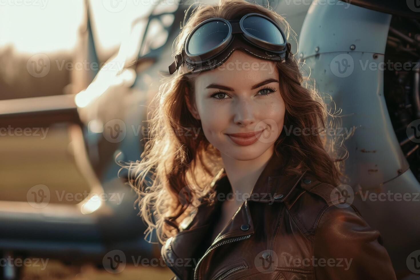 Confident female pilot in aviator goggles and leather jacket photo