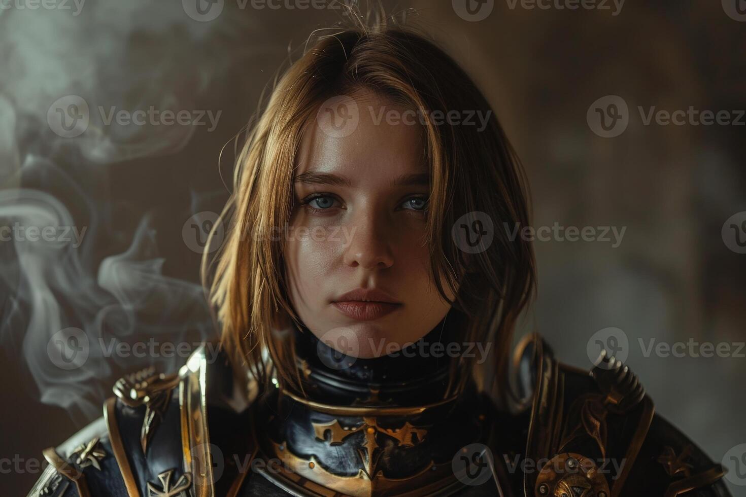 Intense female warrior in futuristic armor photo