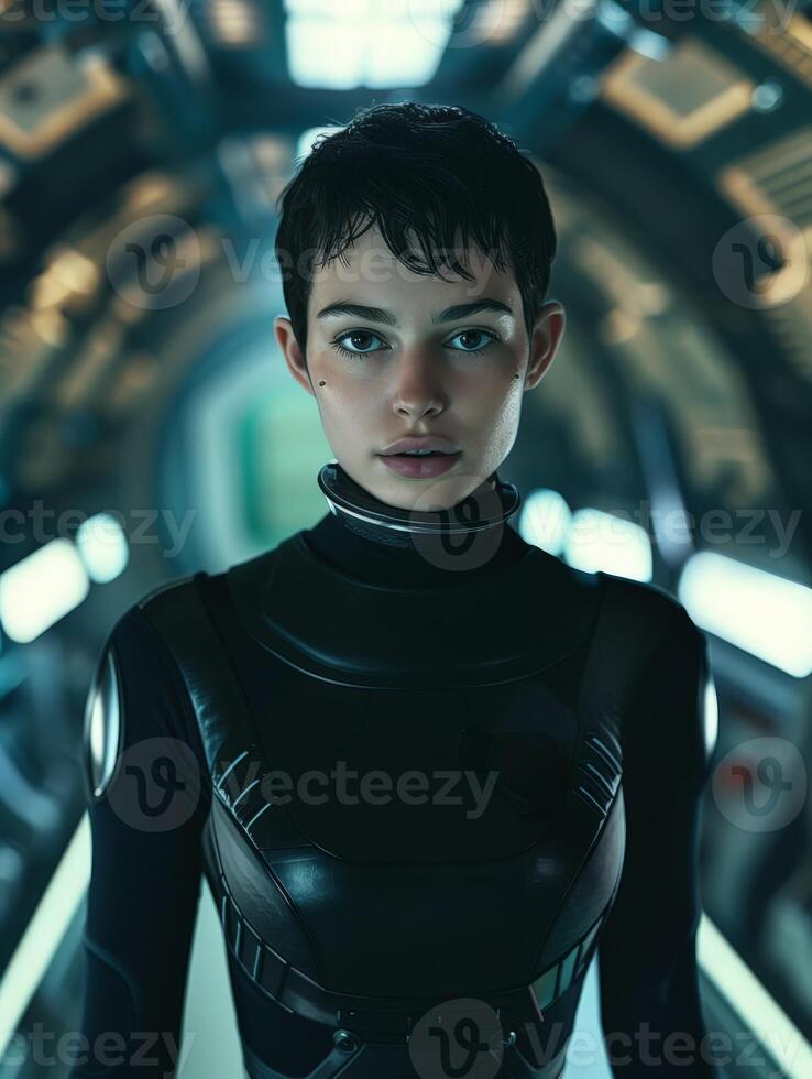 futuristic android portrait in dark environment photo