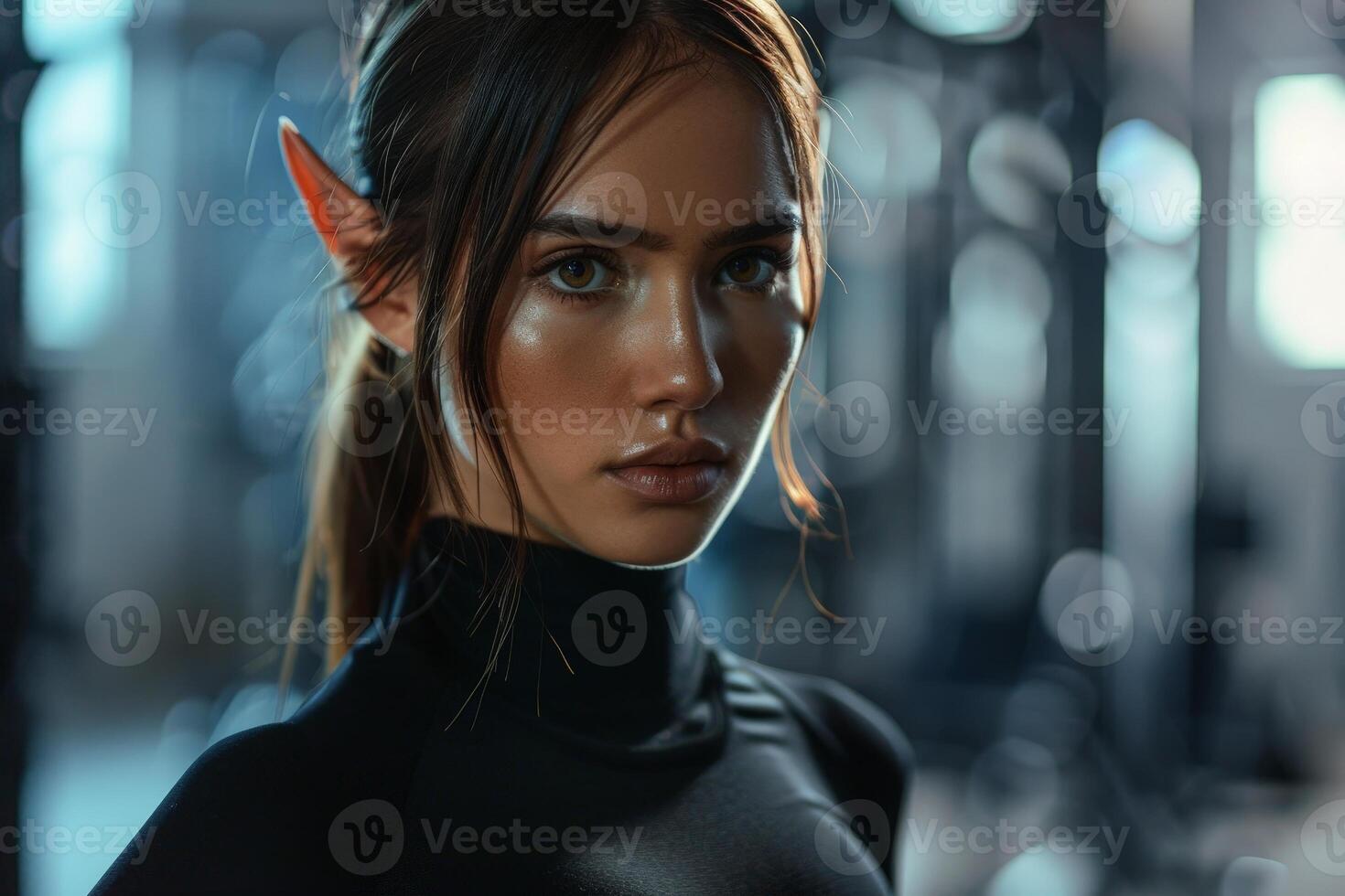 Mysterious woman with elf like features in a dark setting photo