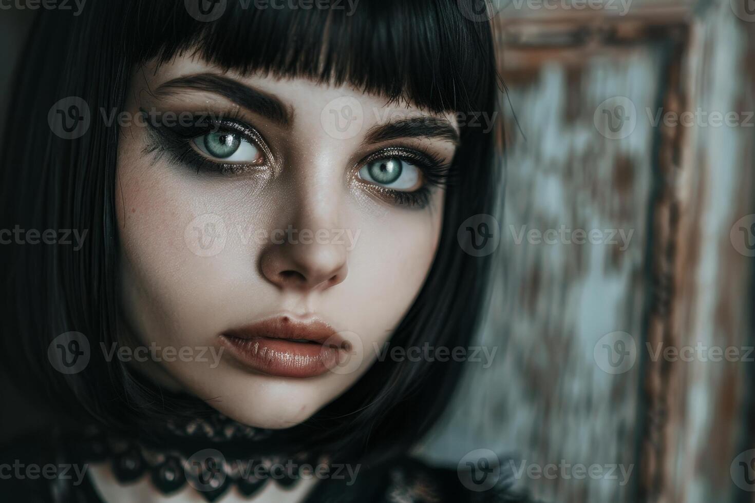 Mysterious woman with dark hair and striking green eyes photo