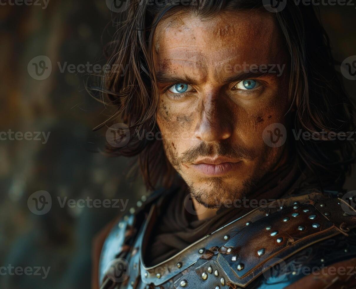 Rugged warrior with intense gaze and battle worn appearance photo