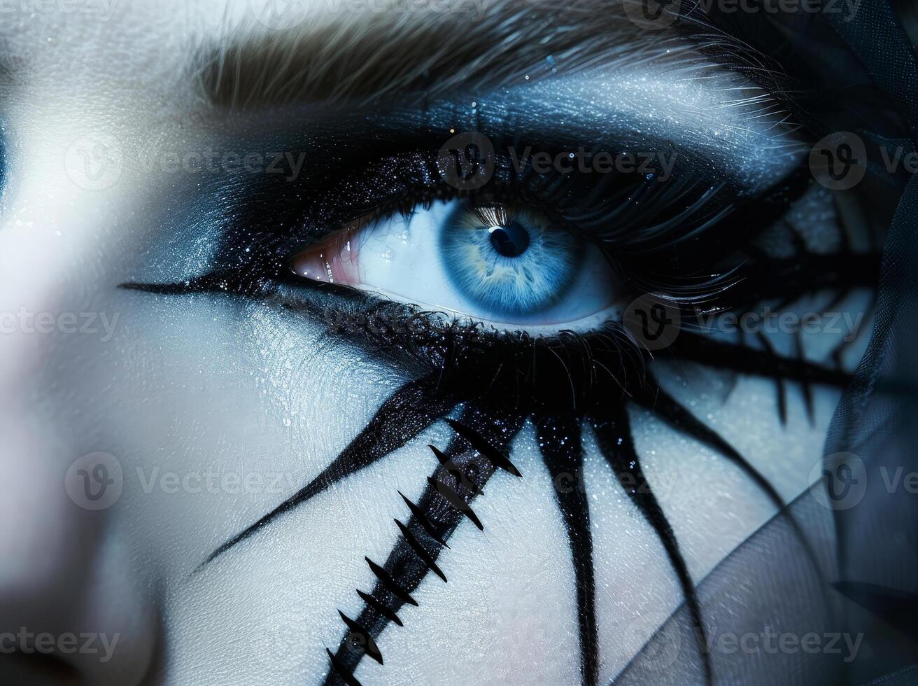 Dramatic close up of a striking blue eye with dark makeup photo