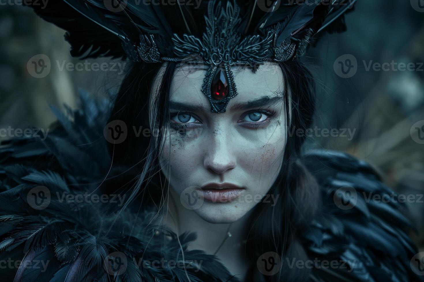 Mysterious dark fantasy portrait of a woman with feathers photo