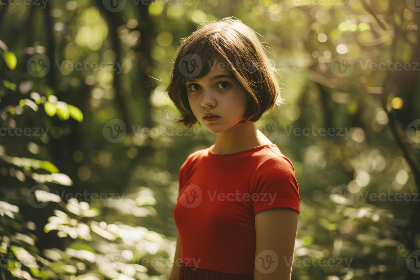 young girl in red shirt standing in forest photo