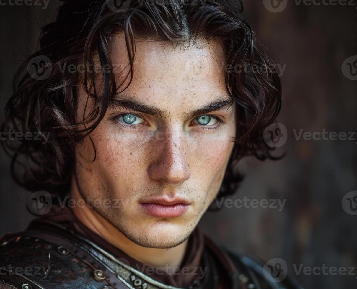 Intense gaze of a young man with dark hair and striking green eyes photo