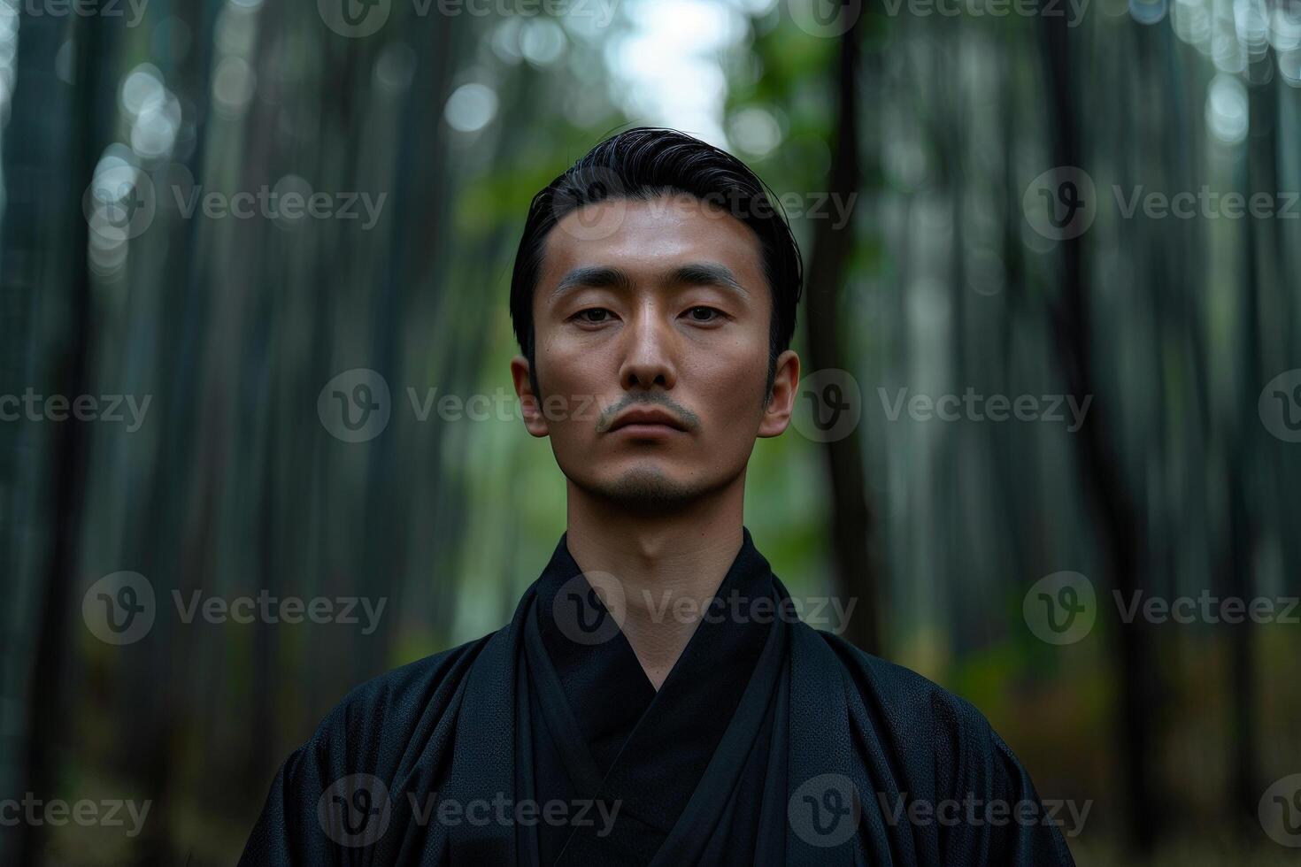 Mysterious asian man in dark clothing in forest photo