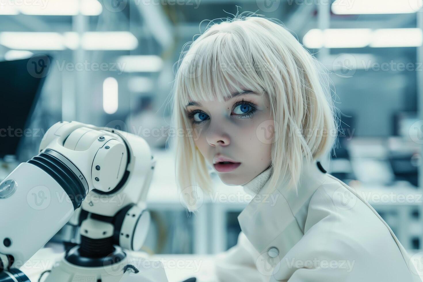 Futuristic scientist examining technology photo