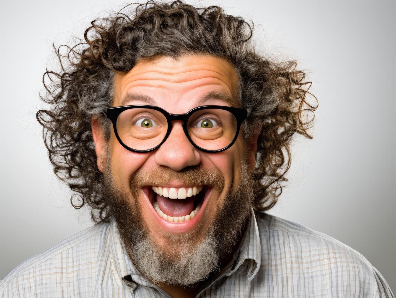 Excited curly haired man with glasses and beard photo