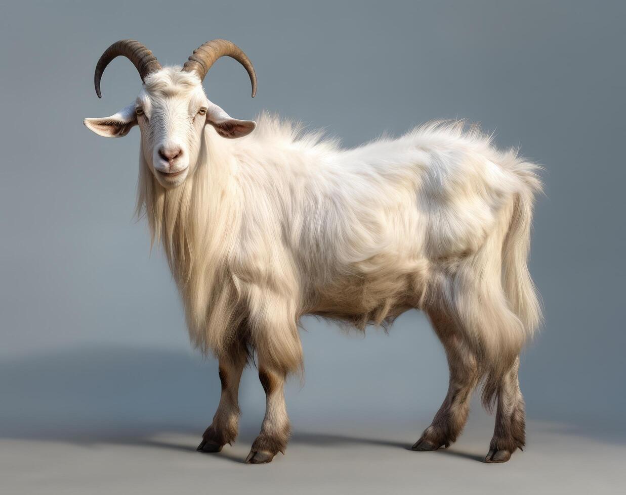 Majestic white goat with large horns photo