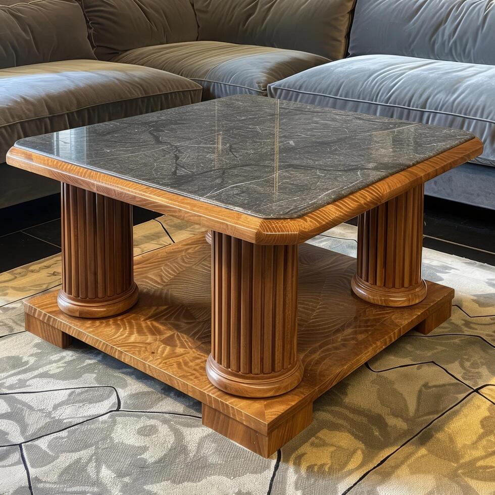 Elegant marble topped coffee table with wooden columns photo
