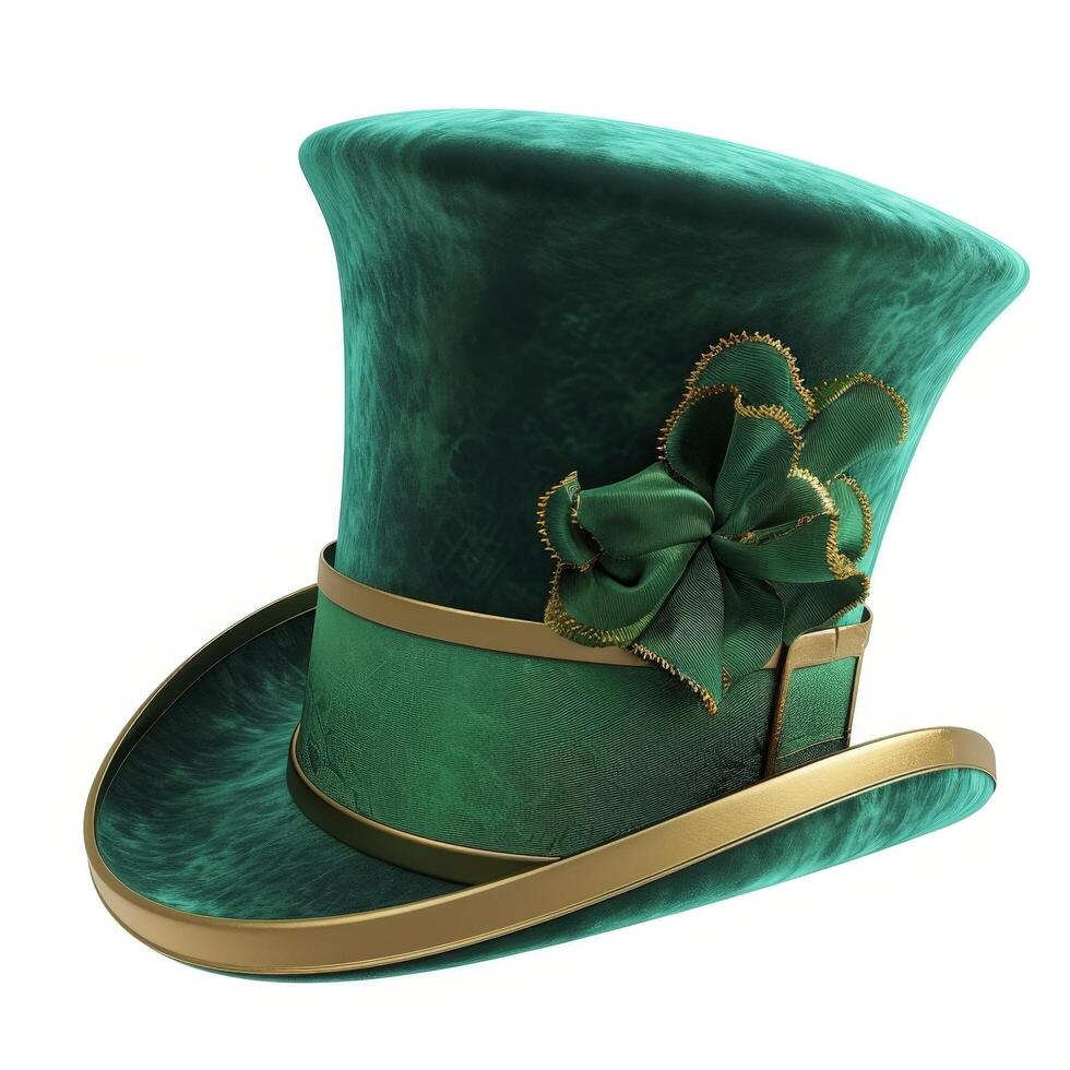 Elegant green top hat with golden accents and bow photo