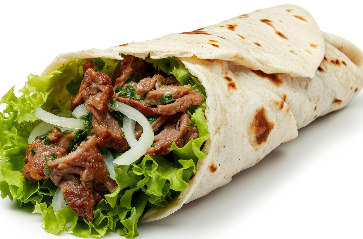 Delicious grilled wrap sandwich with meat and vegetables photo