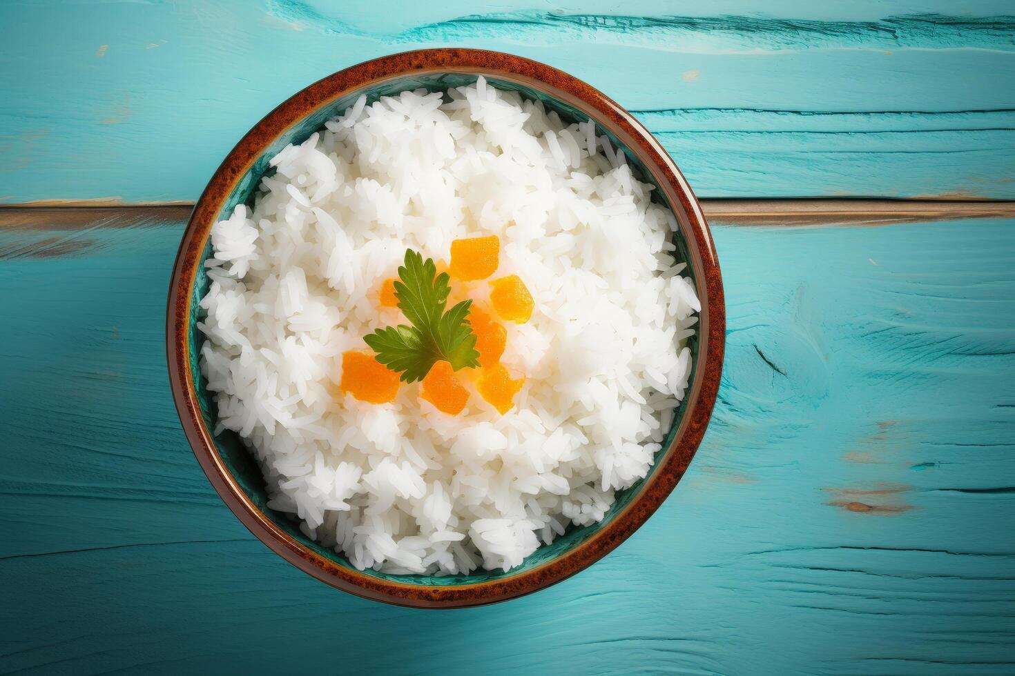Delicious cooked rice with garnish in a wooden bowl photo
