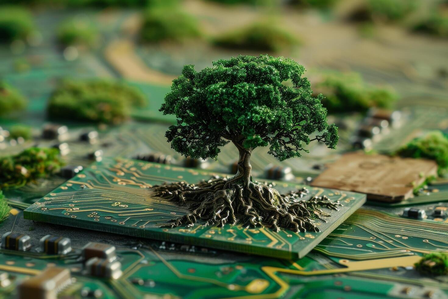 Miniature tree growing on circuit board photo