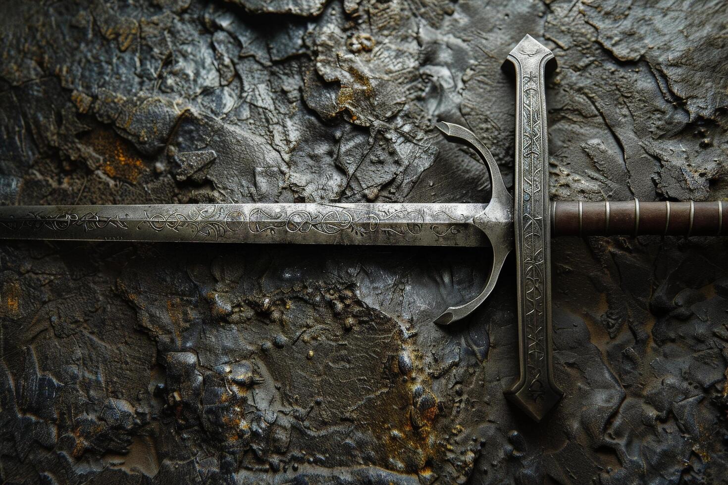 Ornate medieval sword on dark rocky background photo