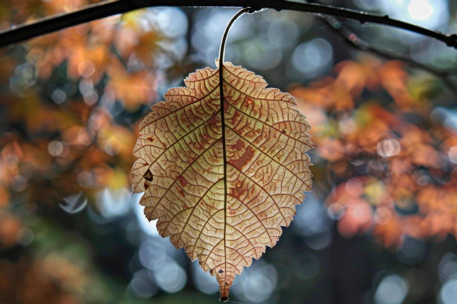 Autumn leaf hanging on a branch photo
