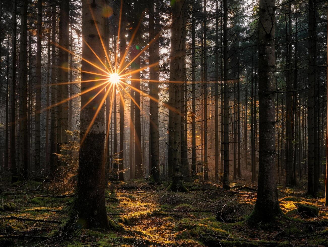 Sunlight bursting through the forest canopy photo